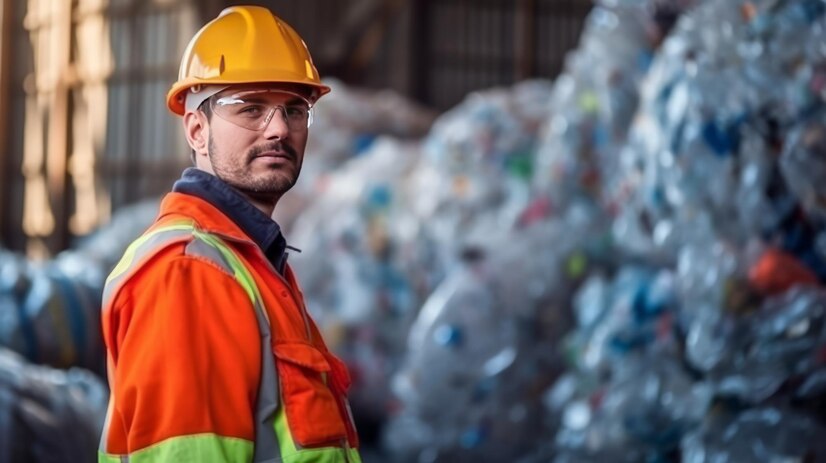 engenheiro em pe e olhando para tras a garrafa plastica na industria de reciclagem 46383 12515